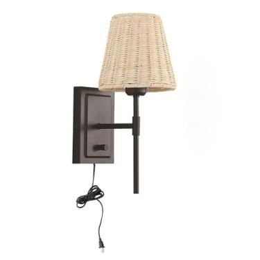 Imagem de Luminária interna com cordão enrolado, metal preto, nostalgia, com sombra de vime interna para sala de estar (1 pacote)