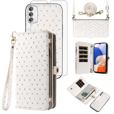 Imagem de Asuwish Capa de celular para Samsung Galaxy A14/M14 5G Carteira com zíper destacável com protetor de tela de vidro temperado, alça transversal com glitter, compartimento para cartão A 14 4G 14 A 14 M