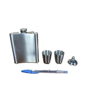 Imagem de Kit Cantil de Bolso em Aço Inox, 180ml, com 2 Copos 50ml e Funil, Prata