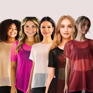 Imagem de Kit 5 Blusa Tule Feminina Academia Transparente Lisa Treino Fitness - 