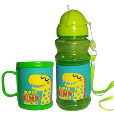 Imagem de Kit Escolar Caneca E Garrafa Infantil Plástica 3d Alto Relevo Dinossauro (Verde)