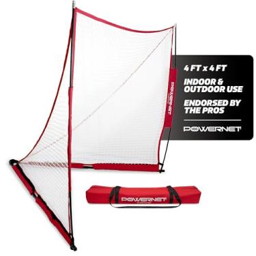 Imagem de Gol de lacrosse portátil PowerNet | Escolha entre dois tamanhos 6 x 6 ou 4 x 4 | Configuração rápida e fácil de 2 minutos sem necessidade de ferramentas | Perfeito para prática ou exercícios | Moldura estilo arco | Bolsa de transporte incluída, Vermelho, 4x4