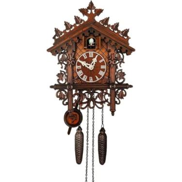 Imagem de Relógio de Parede Cuco Estilo Chalé, 30 cm, Madeira Entalhada, Design Vintage com Pêndulo e Passarinho