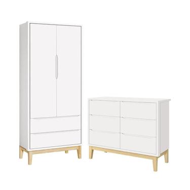 Imagem de Jogo de Quarto Infantil Classic Guarda Roupa 2 Portas e Cômoda 6 Gavetas com Pés Madeira Natural - Reller Móveis Branco Fosco