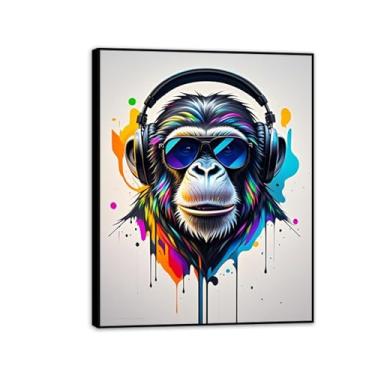Imagem de Arte de parede com impressão em tela de grafite Monkey Street, DJ abstrato macaco chimpanzé, arte em tela animal Banksy para meninos adolescentes quarto sala de estar decoração de parede 40 x 30 cm
