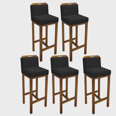 Imagem de Kit 05 Banqueta Alta Com Encosto Simon Cozinha Balcão Bistrô Base Madeira Carvalho Corino Preto - Ahz Móveis