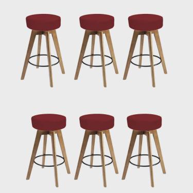 Imagem de Kit 06 Banqueta Alta Redonda Giratória Elsa Madeira Balcão Bistrô Cozinha Corino Vermelho - Ahz Móveis