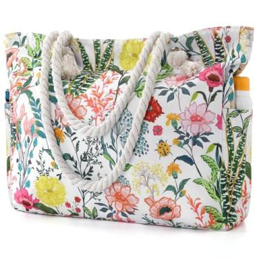 Imagem de Tavaleu Bolsas de praia de palha para mulheres, bolsa de ombro para mulheres, bolsa de palha de praia baldes moda verão bolsas Hobo, Estampa de jardim secreto, Large