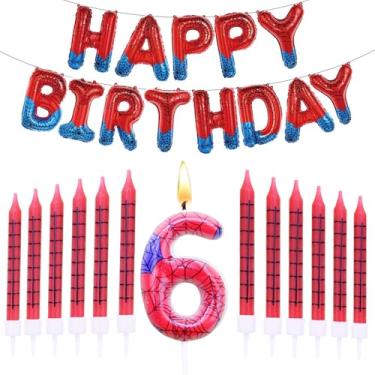 Imagem de Faixa de feliz aniversário com tema de aranha, conjunto de velas de aniversário com tema de aranha número 6, topo de bolo, suprimentos de decoração de festa de aranha (RedBule-6)