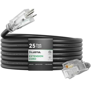 Imagem de PLUGTUL Cabo De Extensão Externo De 25 Pés, Calibre 12, Com Extremidade Iluminada, Resistente, 15 A, 1875 W, Sjtw, Listado Pela Etl, Ótimo Para Jardim E Casa, Preto