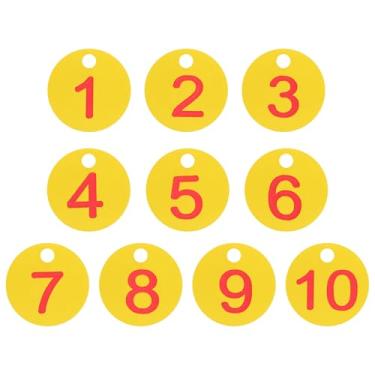 Imagem de PATIKIL 1-10 etiquetas numeradas de plástico redondo numeradas identificação identificação chave pendurar etiqueta para chaveiro de dormitório caixa de armário de academia, amarelo com texto vermelho