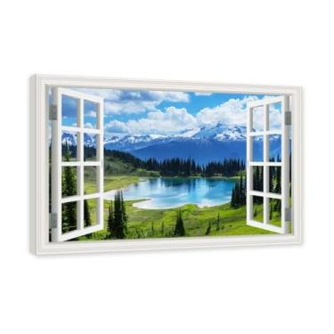 Imagem de PY3H69 Arte de parede em tela de janela aberta, impressão natural em tela. Lindo cenário de montanha 17,8 cm, decoração de parede de paisagem de janela, decoração de casa moderna. Moldura interna de