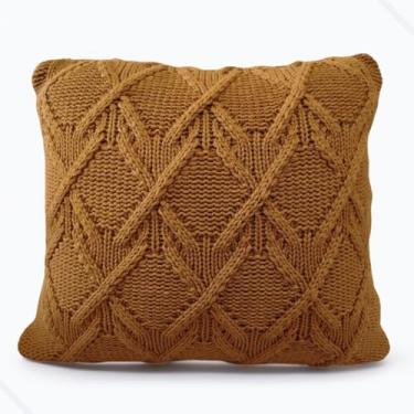 Imagem de Capa de Almofada em Tricô com Padrão Diamante, 45x45cm, Decorativa para Sofá Poltrona Fechamento Zíper (Ferrugem/Cognac)