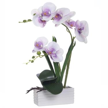 Imagem de FuleHouzz Flores artificiais de orquídea de toque real em vaso Phalaenopsis com vaso de cerâmica branca arranjo de orquídeas falsas para decoração de mesa de casa escritório festa de casamento (branco