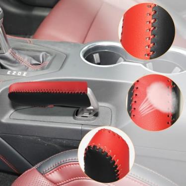 Imagem de SUNBREATH Compatível com capa protetora de freio de mão costurada à mão em couro genuíno preto vermelho acessórios de decoração para Ford Mustang 2024 2025 pontos vermelhos