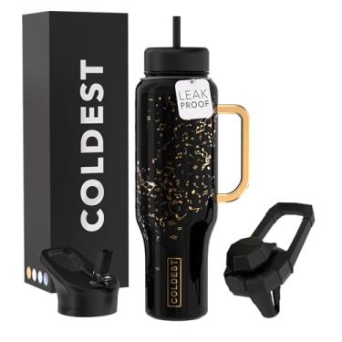 Imagem de Copo Coldest com alça e canudo - Copo isolado 100% à prova de vazamento com tampa e canudo (3 tampas) - Copos de aço inoxidável para mulheres e homens - Base amigável para porta-copos, 1,304 g (The
