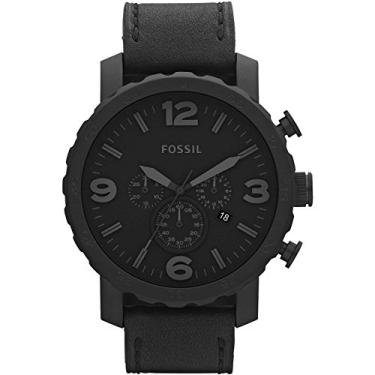 Imagem de Fossil Relógio masculino Nate com mostrador cronógrafo grande e pulseira de aço inoxidável ou couro, Couro preto, One Size, Nate