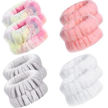 Imagem de 4 pares de pulseira de banho de spa de microfibra para lavar o rosto e o rosto toalha de pulso pulseira scrunchies absorvente de pulso faixa de suor para mulheres evita que líquidos derramem (cores encantadoras, estilo clássico)