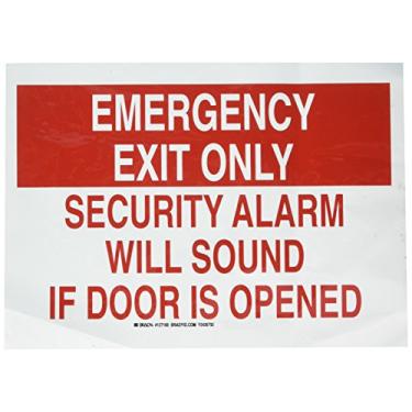 Imagem de Brady 127169 Placa de segurança contra incêndio, legenda "Apenas saída de emergência alarme de segurança soará se a porta for aberta", 25,4 cm de altura, 35,5 cm de largura, vermelho sobre branco