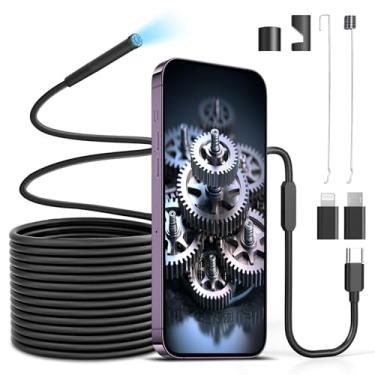Imagem de Câmera de endoscópio com luz, boroscópio Moman EOM1 com 8 LEDs ajustáveis, cabo serpente semirrígido de 3 metros, à prova d'água, IP67, câmera de inspeção de tubos, 3 adaptadores para iPhone, iPad