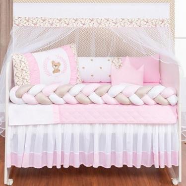 Imagem de Kit Berço Completo 14 pç Para Menina Ursinho Ted Rosa Claro E Trança C