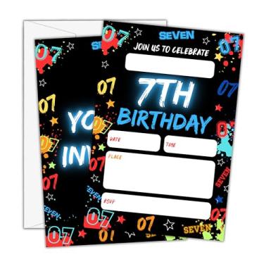 Imagem de Beshoul Convites de aniversário - Glow Neon 7th Bday Convites com envelopes para meninos meninas (25 unidades) - Cartões de convite de festa digitais para decorações de lembrancinhas - H02