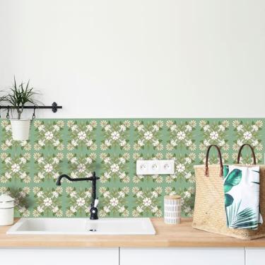 Imagem de AMAZINGWALL Adesivos de azulejo verde - Quadrados Maile Leaf & Pikake Lei Peel and Stick Decalques de vinil para casa, banheiro, cozinha, paredes, móveis à prova d'água removível Backsplash 6x6/pcs