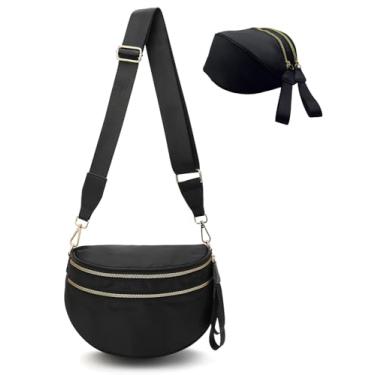 Imagem de Bolsa tiracolo feminina de nylon, pochete espaçosa, bolsa tiracolo grande com alça ajustável, Preto, 12" x 4.5" x 8.6"