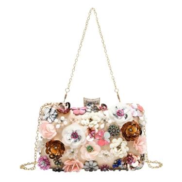 Imagem de Bolsa feminina floral para noite com contas de corrente e lantejoulas, strass, bolsa de ombro, bolsa de ombro para festa de casamento, Champanhe, One Size