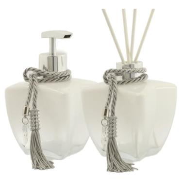 Imagem de Kit Vidros Banheiro Luxo Branco Porta Sabonete E Difusor (Prata)