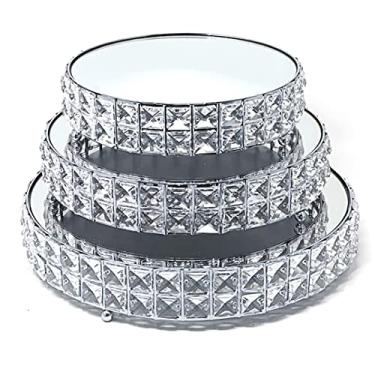 Imagem de Conjunto de 3 peças Allgala com suporte de bolo de cupcake de sobremesa banhado a ouro cristal com placa espelhada, Silver Round