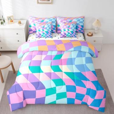 Imagem de Conjunto de cama solteiro com 7 peças, xadrez geométrico, quadriculado, patchwork, arte dinâmica, arco-íris (edredom + lençol + 2 fronhas + 2 fronhas + 2 capas de travesseiro)