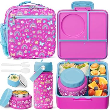 Imagem de Fimibuke Lancheira infantil Bento com garrafa térmica, à prova de vazamento, com pote de comida isolado de 241 g, lancheira, garrafa de água infantil, recipiente de 3 ou 4 compartimentos para meninas
