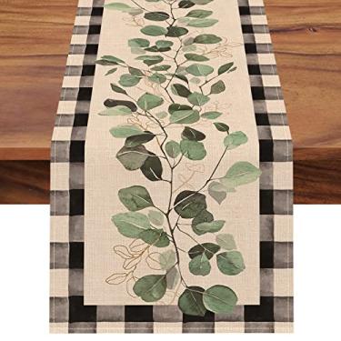 Imagem de Seliem Caminho De Mesa Com Folhas Eucalipto E Folhagens Primavera, Decoração Cozinha Jantar Xadrez Búfalo Preto Branco, Plantas Verdes, Botânica Verão, Casa Fazenda, Suprimentos Para Festas, 13 X 48