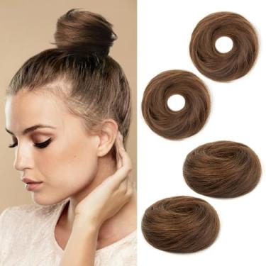 Imagem de TANJET Cabelo Humano 100% Natural, Coque, Cacheado, Elástico, Aplique Para Crianças, Rabo De Cavalo, Extensões #Castanho Chocolate, Bagunçado, Com Elástico (#04, Médio, 2 Peças)