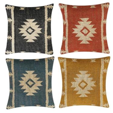 Imagem de 4 pçs capa de almofada de lã indiana juta tapete tecido à mão kilim fronha 45,7 x 45,7 cm boho decoração de casa capa de almofada vintage capa de almofada oriental almofadas decorativas
