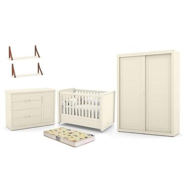 Imagem de Dormitório Tutto New 2 Portas, Cômoda 1 Porta, Berço Off White Com Colchão D18 E Prateleiras - Matic Móveis Off White