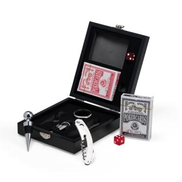 Imagem de Jogo Para Vinho Com 4 Pçs e Estojo de Madeira, com wine collar, tampa de bico, bico condutor com tampa e saca-rolhas metálico com lâmina de corte e abridor. com 2 baralhos completos + 2 dados