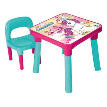 Imagem de Mesa Mesinha Infantil com Cadeira Rosa Unicórnio – Tampa Fixa | Conjunto Educativo para Crianças a partir de 3 Anos | Plástico Resistente e Seguro, Para Brincar, Pintar, Estudar e Tomar Lanche.