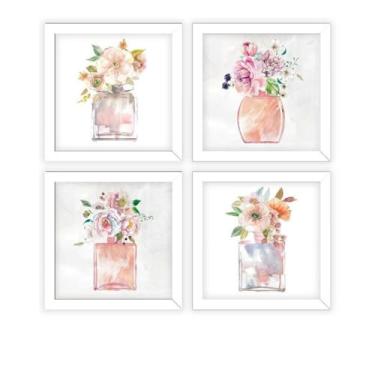Imagem de Kit 4 Quadros Decorativos Banheiro, Toalete, Lavabo, Flores (Branco)