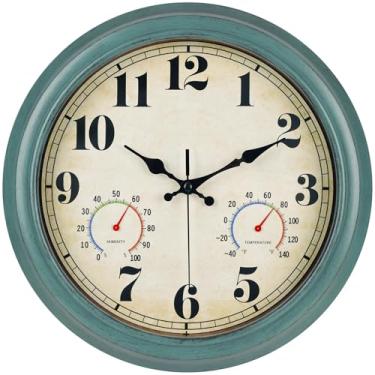 Imagem de zyzamay Relógio de parede retrô de 33 cm com termômetro e higrômetro, impermeável e silencioso, números grandes e fáceis de ler, ideal para quarto, escritório, sala de estar, varanda, jardim, piscina