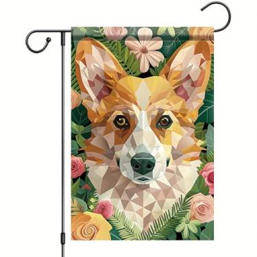 Imagem de Starlit Patio Primavera Corgi Bandeira de jardim arte geométrica cão decorativo quintal banner colorido floral gramado pátio varanda placa de boas-vindas dupla face 12x18 polegadas amante de cães