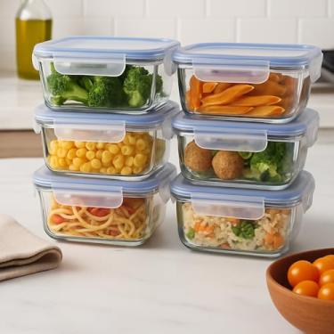 Imagem de KIT 6 Potes Vidros Retangulares Herméticos Marmitas Mantimentos 4 Travas 330 ML