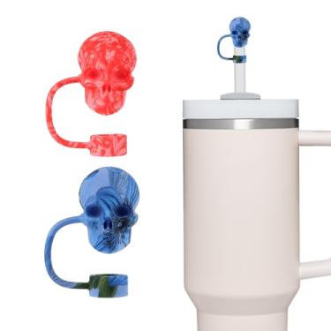 Imagem de Pacote com 2 topos de canudo de caveira para copo Stanley de 30 e 1,134 g, acessórios para copo de água, tampa de palha 3D reutilizável à prova de poeira, presente Hollaween (vermelho e azul)