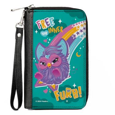 Imagem de Buckle-Down Carteira Furby, zíper ao redor, Furby Purple Furby Free Your Inner Furb Rainbow multicolorido, couro vegano, Verde, 7.5"x4.5", Casual