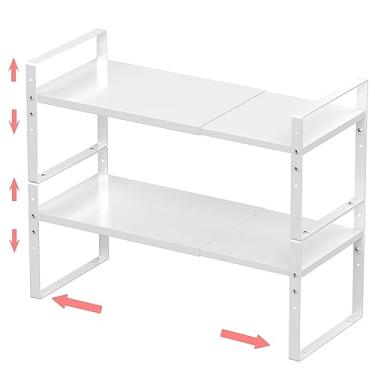 Imagem de Organizador de temperos expansível empilhável prateleira de armário em prateleira de armário de cozinha organização de armário empilhável rack de especiarias cozinha despensa bancada armazenamento médio/branco 2 pacotes