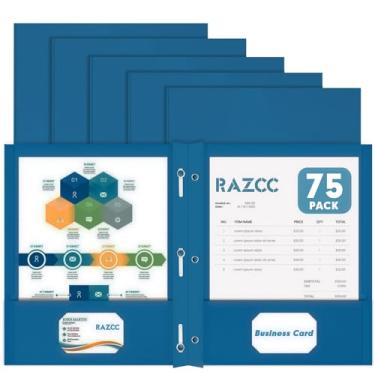 Imagem de RAZCC Pastas de Dois Bolsos, Pacote com 75 Pastas de Dois Bolsos com Pontas, Pastas de 3 Pontas para Papel Tamanho Carta, Pastas de Arquivo de Bolso para Escola, Escritório, Casa e (, Azul Escuro)