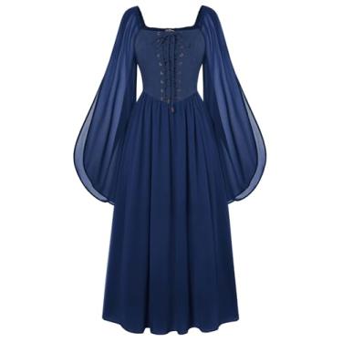 Imagem de Fantasia renascentista feminina medieval manga sino vestido de fada rodado Halloween vestido pirata azul marinho GG