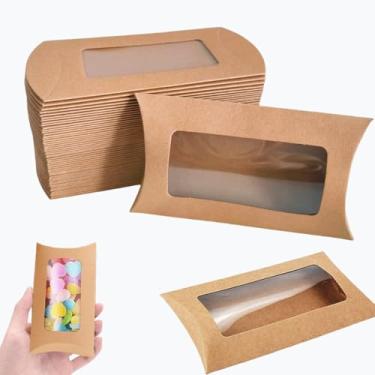Imagem de 50 caixas de presente de travesseiro com janelas, mini caixa de embalagem de papel kraft, caixa de lembrancinha criativa dobrável com janela transparente para padaria, doces, chocolate, joias