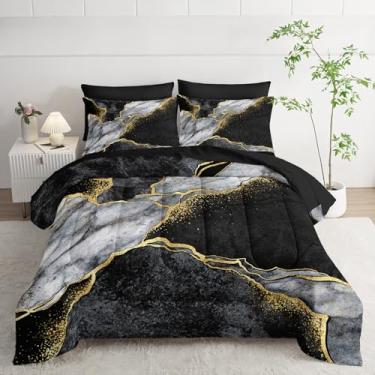 Imagem de Nttopship Conjunto de edredom de mármore preto e cinza, 7 peças, tamanho casal, design minimalista de mármore, 7 peças, conjunto de lençol para todas as estações, microfibra macia e leve